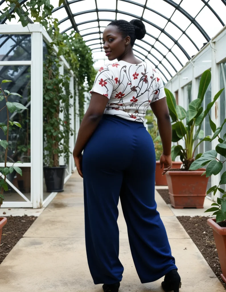 The image shows a woman standing in a greenhouse wearing a white top and blue wide-legged pants. She is surrounded by lush green plants and trees, and the glass roof of the greenhouse provides a beautiful backdrop.