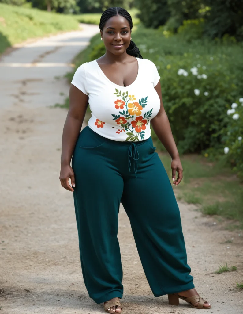 The image shows a woman standing on a dirt road wearing a white top and green plus size pants. The background of the image is filled with trees, plants, and flowers, creating a peaceful atmosphere.