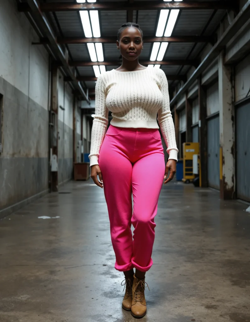 The image shows a woman in a white sweater and pink pants standing in a warehouse, illuminated by lights from the ceiling. She is wearing a pair of boots, completing her look.