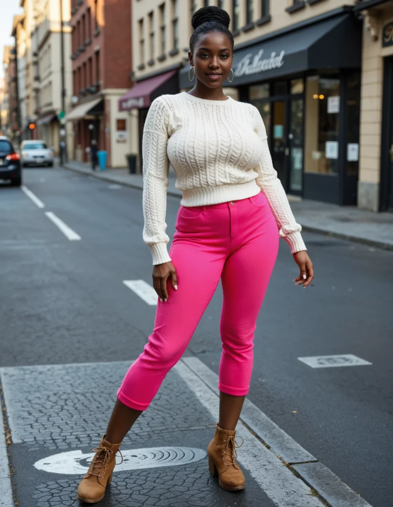 The image shows a woman standing on the street wearing a white sweater and hot pink capri pants. The background of the image is filled with buildings, vehicles, and a clear blue sky.