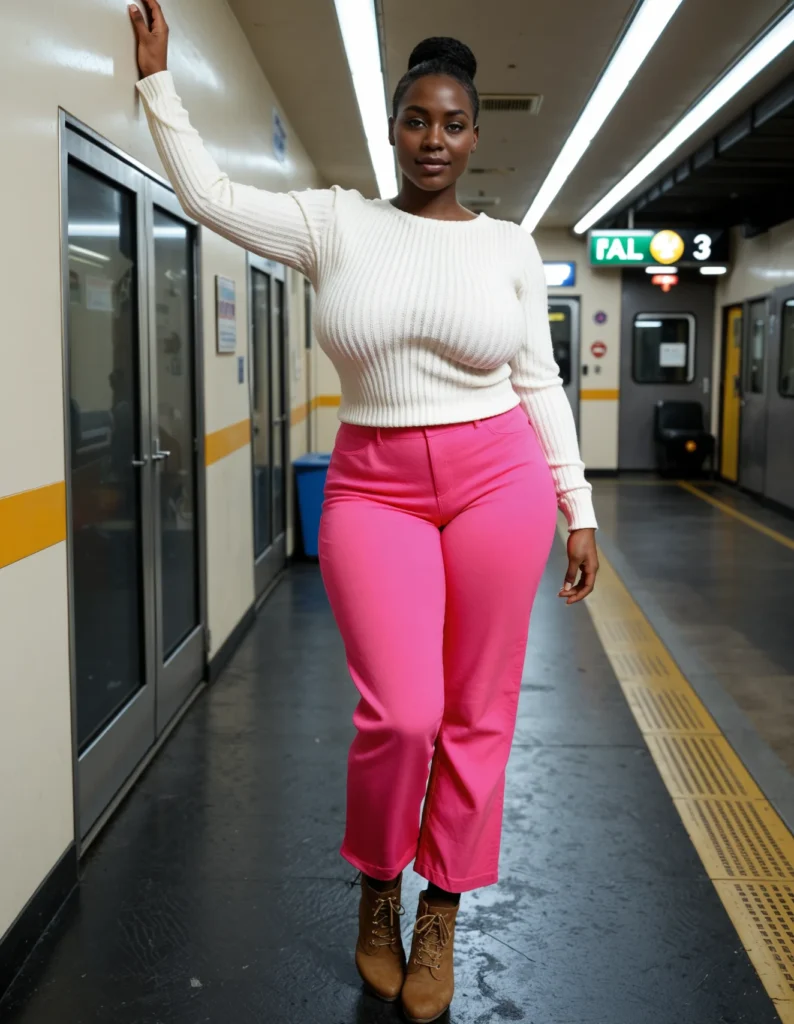 The image shows a woman in a white sweater and pink pants standing on a subway platform. She is leaning against a wall with doors on the left side and lights at the top. In the background, there is a train.