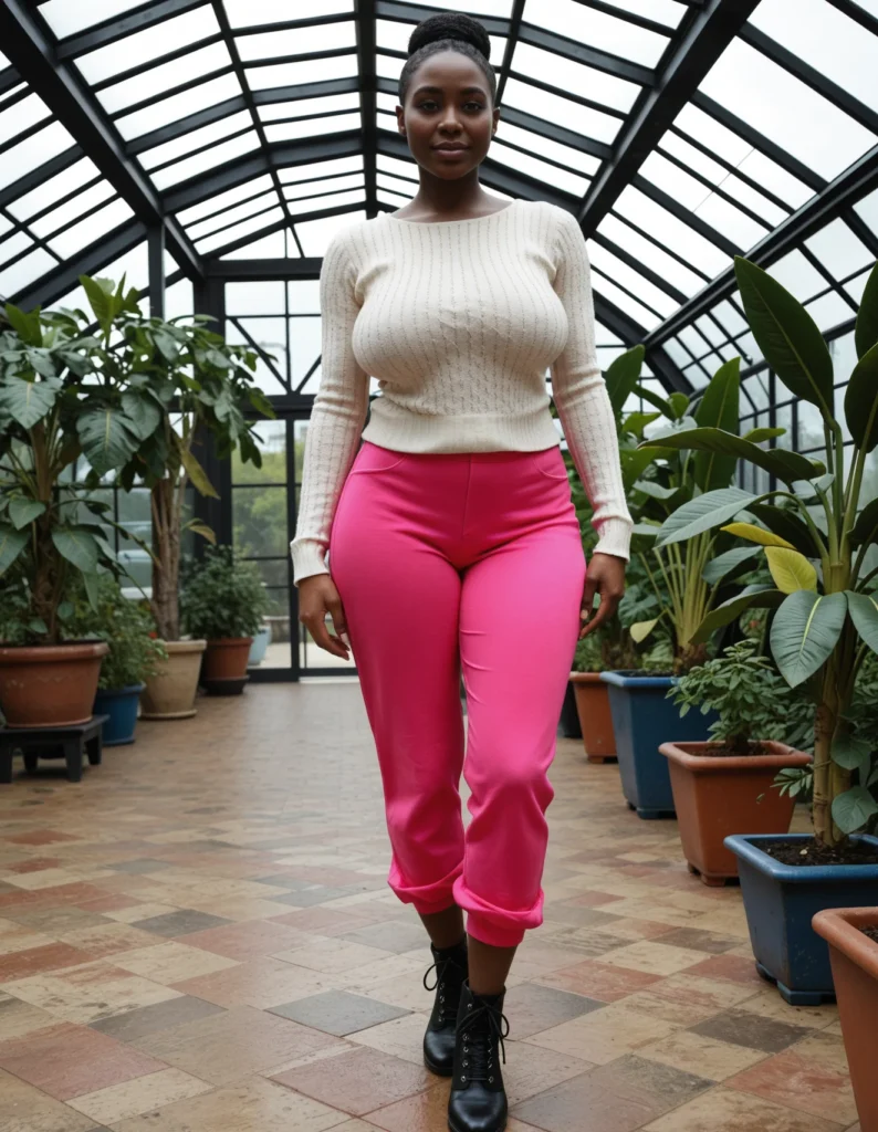 The image shows a woman standing in a greenhouse wearing a white sweater and pink pants, with a smile on her face. She is surrounded by houseplants and trees, and the sky is visible in the background.