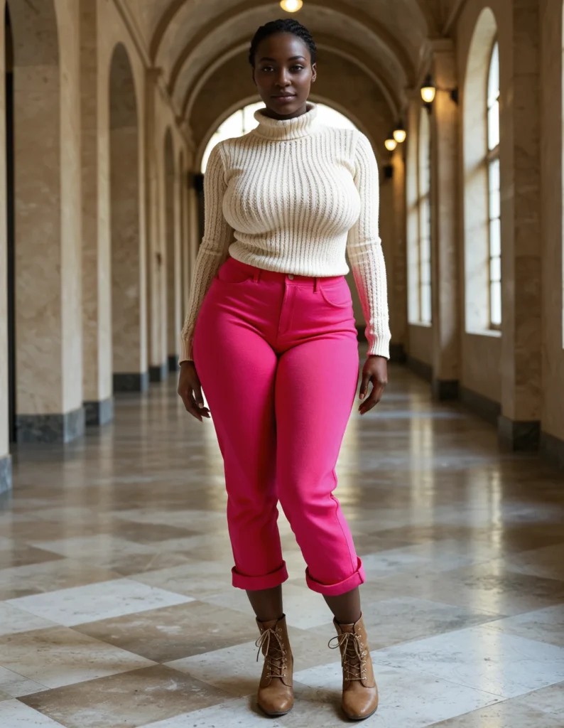 The image shows a woman standing in a hallway wearing a white sweater and hot pink pants. The hallway is illuminated by lights attached to the ceiling and there are windows on the right side of the image.