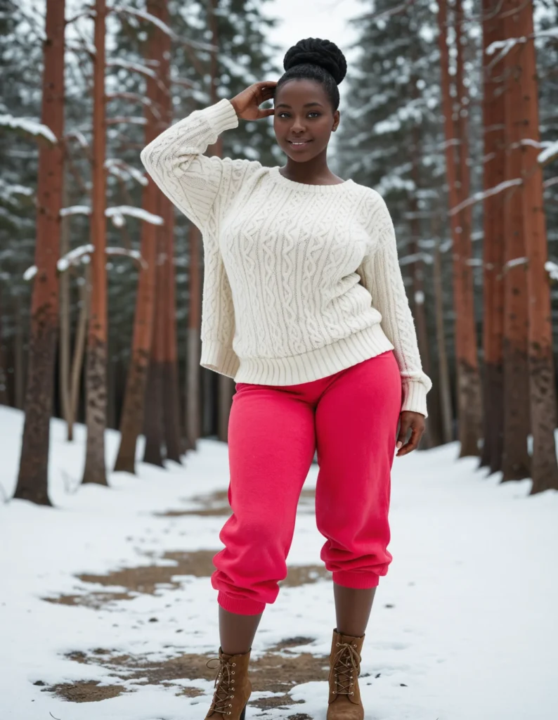 The image shows a woman standing in the snow wearing a white sweater and pink pants, surrounded by trees covered in a blanket of snow and a clear blue sky.
