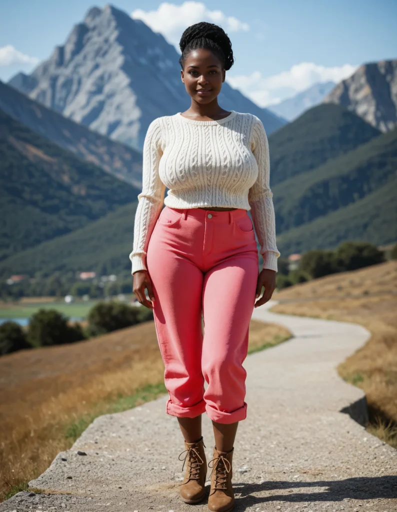 The image shows a woman standing on a path in front of a mountain, wearing a white sweater and pink pants. The background of the image is filled with lush green grass, trees, and a bright blue sky.