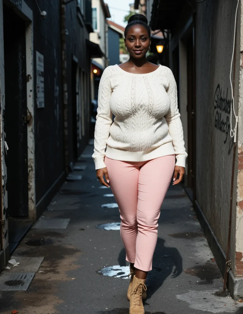 The image shows a woman walking down a street in a white sweater and pink pants, with buildings on either side of her and a clear blue sky in the background.
