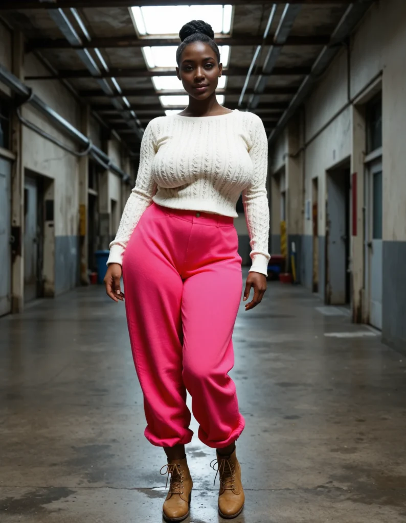 The image shows a woman in a white sweater and pink pants walking down a hallway, with a wall on the right side of the image featuring doors and pipes, and a ceiling with lights at the top.