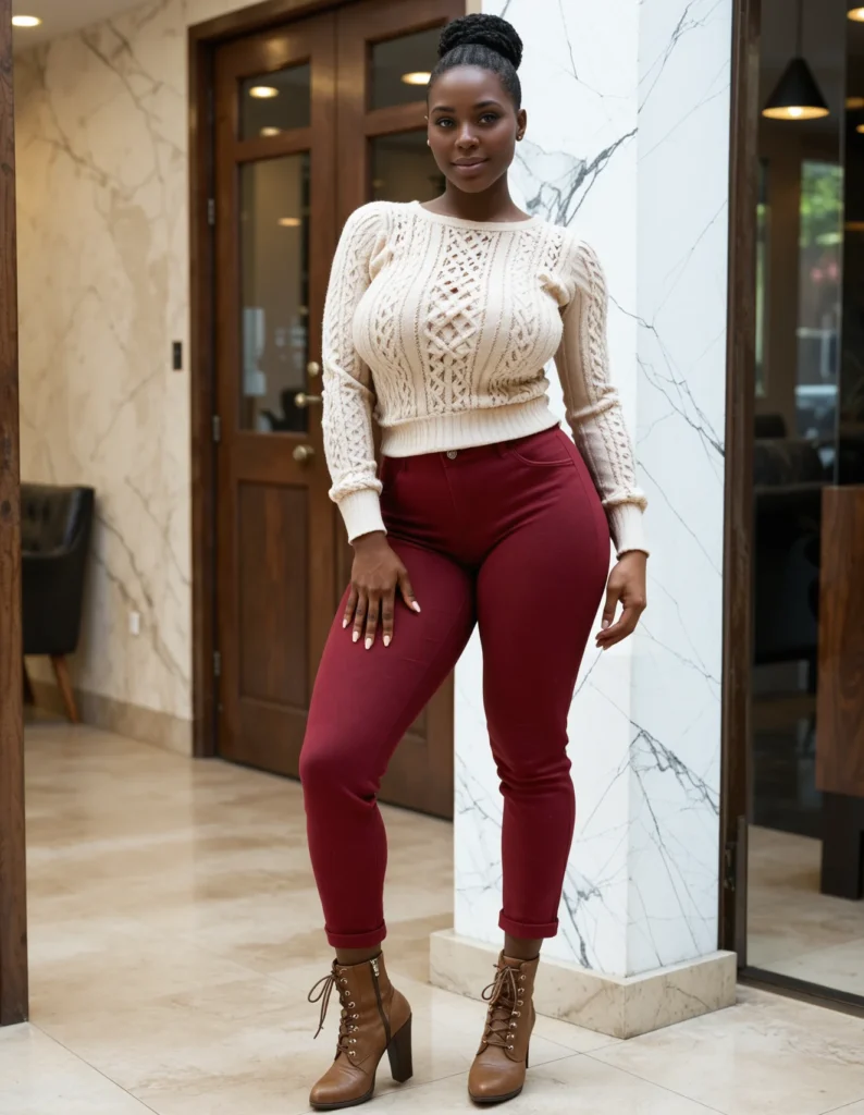 The image shows a woman standing in front of a door wearing a cream-colored sweater and burgundy pants. The background of the image includes a wall, a chair, and lights.
