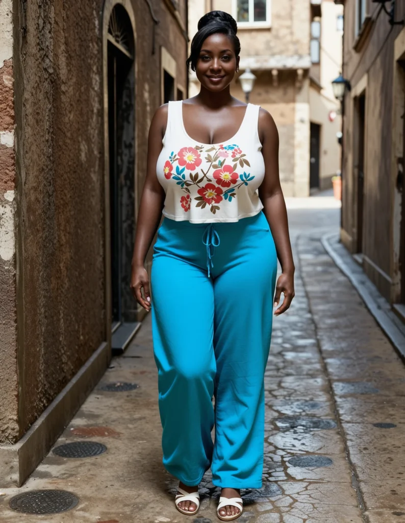 The image shows a woman walking down a narrow street with a bright smile on her face. She is wearing a white top and turquoise pants, and in the background there are buildings with windows and doors.