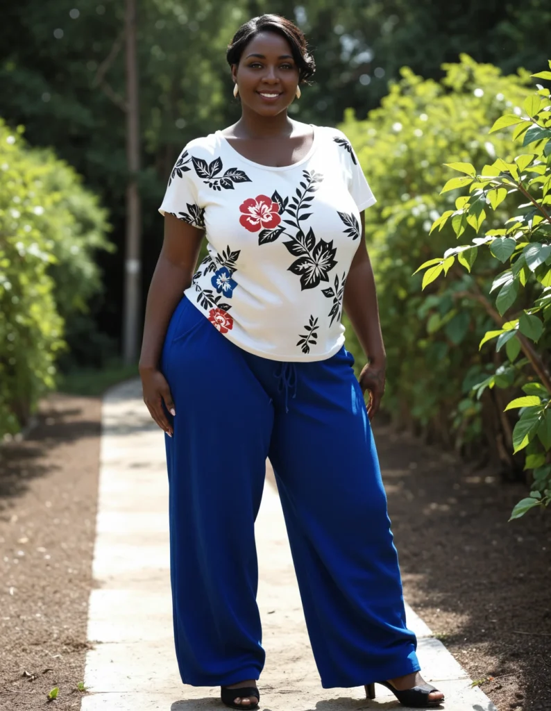 The image shows a woman standing on a path surrounded by trees, wearing a white top and blue wide leg pants.