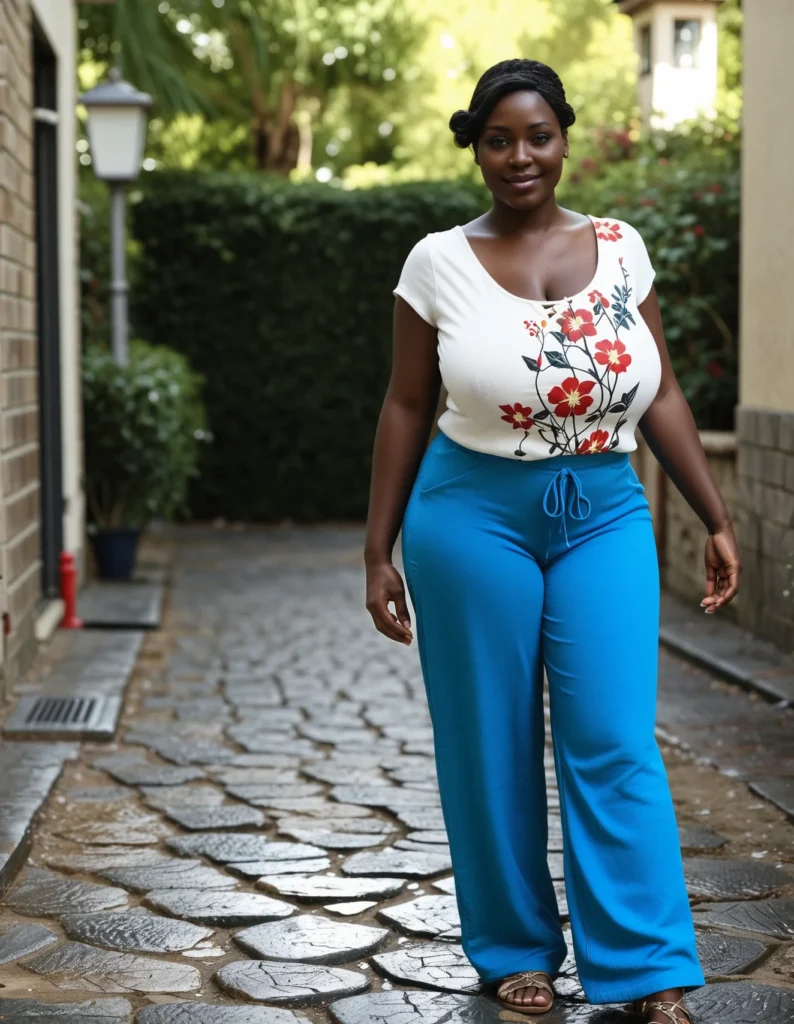 The image shows a woman standing on a cobblestone street wearing a white top and blue pants, with a smile on her face. In the background, there are plants, trees, a light pole, and a building, all slightly blurred.