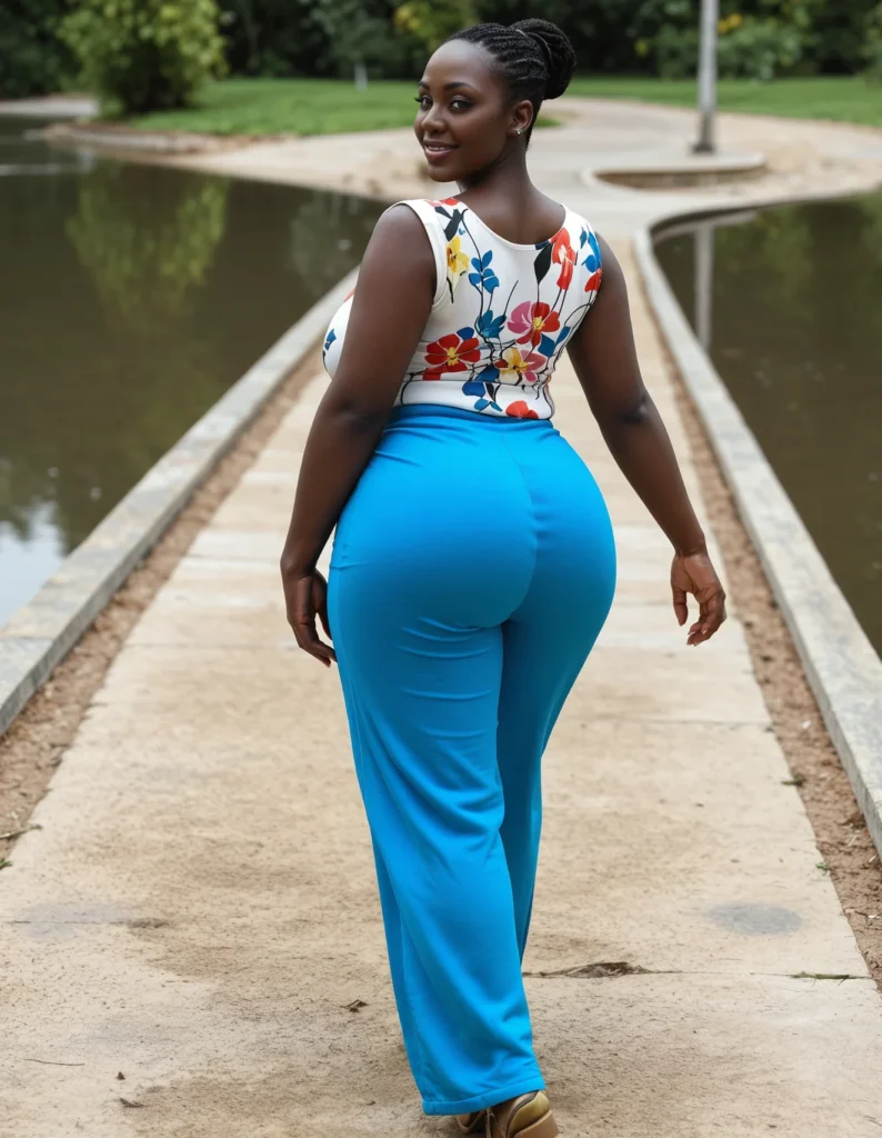 The image shows a woman in a white top and blue pants walking down a sidewalk, with a body of water to her left and trees and a pole in the background.