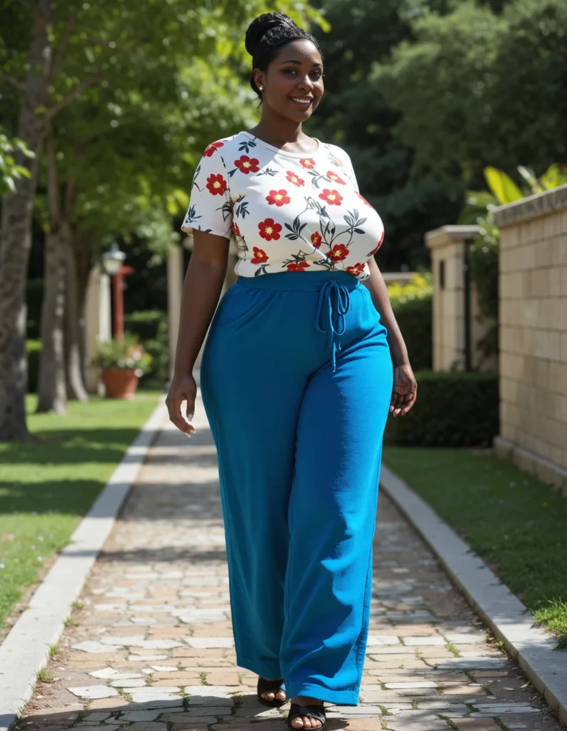 The image shows a woman walking down a sidewalk wearing a white top and blue wide leg pants. The background of the image is filled with lush green grass, plants, trees, and a wall.