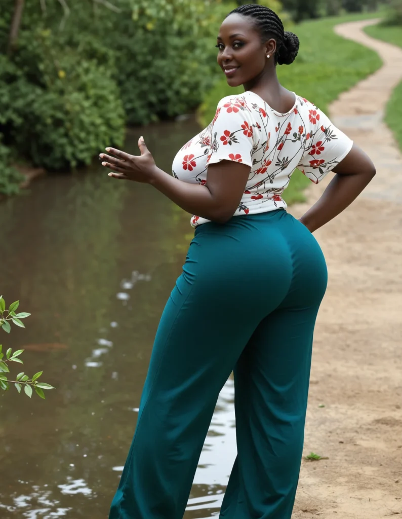 The image shows a woman standing on a path next to a river, wearing a white top and teal wide leg pants. The background of the image is filled with lush green grass, plants, and trees, and the sky is a bright white.
