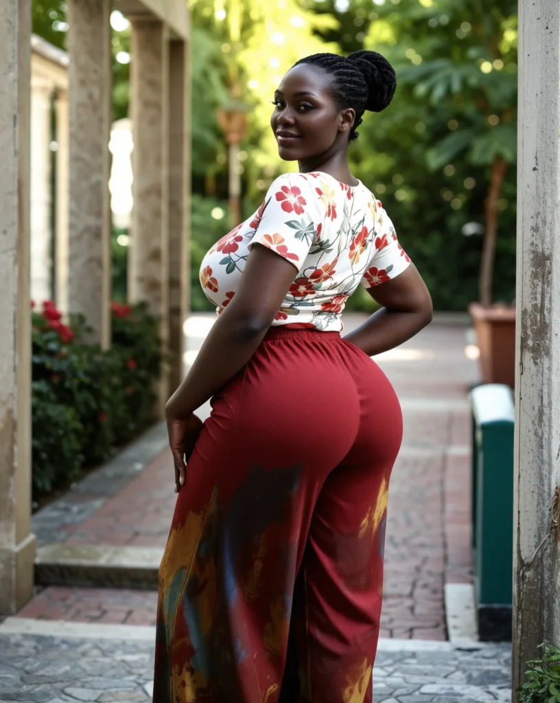 The image shows a woman standing on the ground with a smile on her face, surrounded by pillars, plants with flowers, a group of trees, and a cloudy sky. She is wearing a white top and red pants.