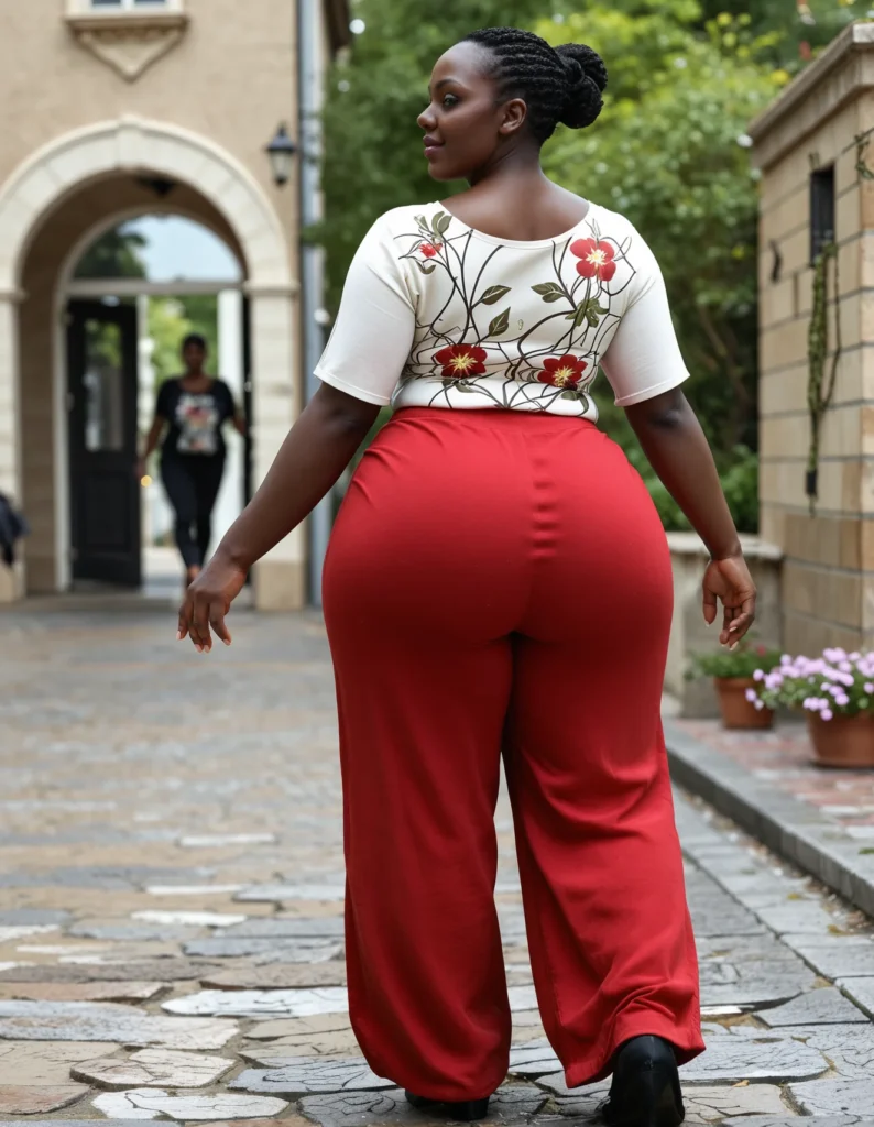 The image shows a woman walking down a cobblestone street wearing a white top and red wide leg pants. In the background, there is another woman walking, a building, trees, plants with flowers, and a light pole.