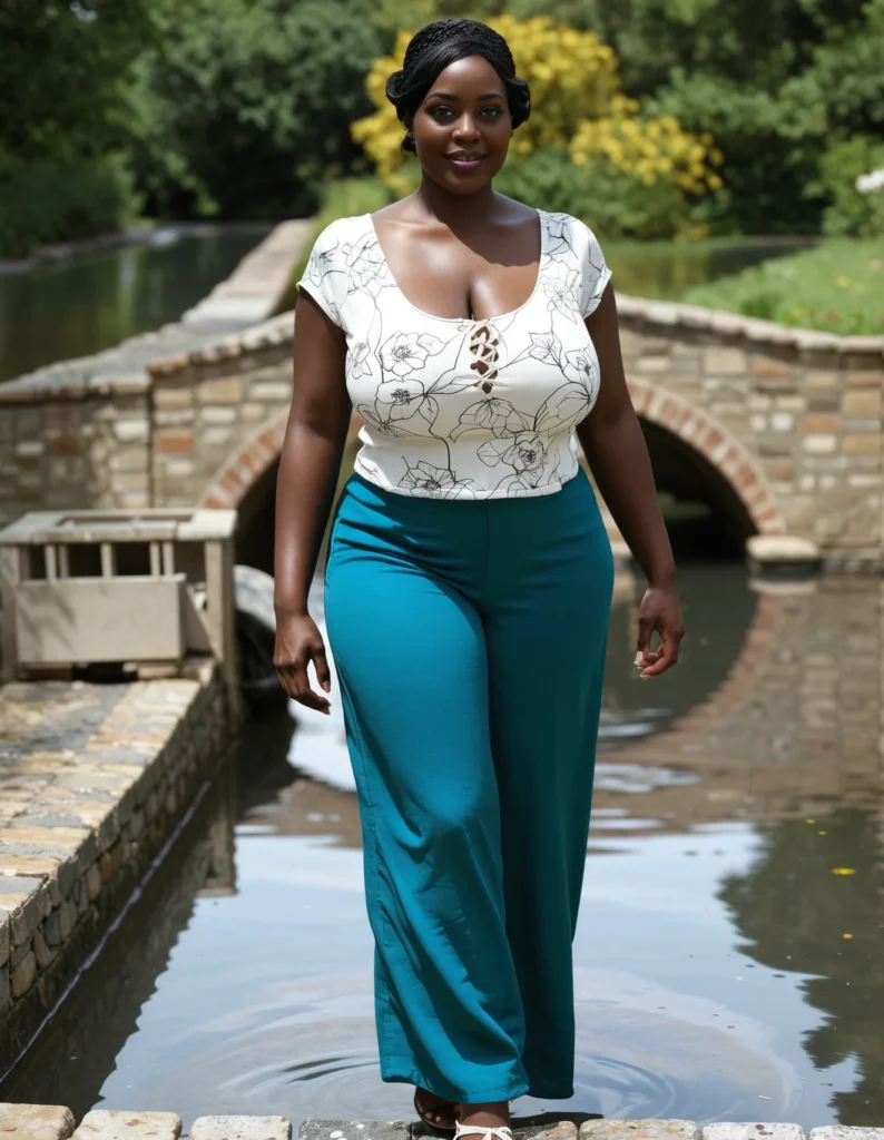The image shows a woman standing on a bridge over a river, wearing a white top and teal pants. The background of the image is filled with lush green trees and a bright white sky.