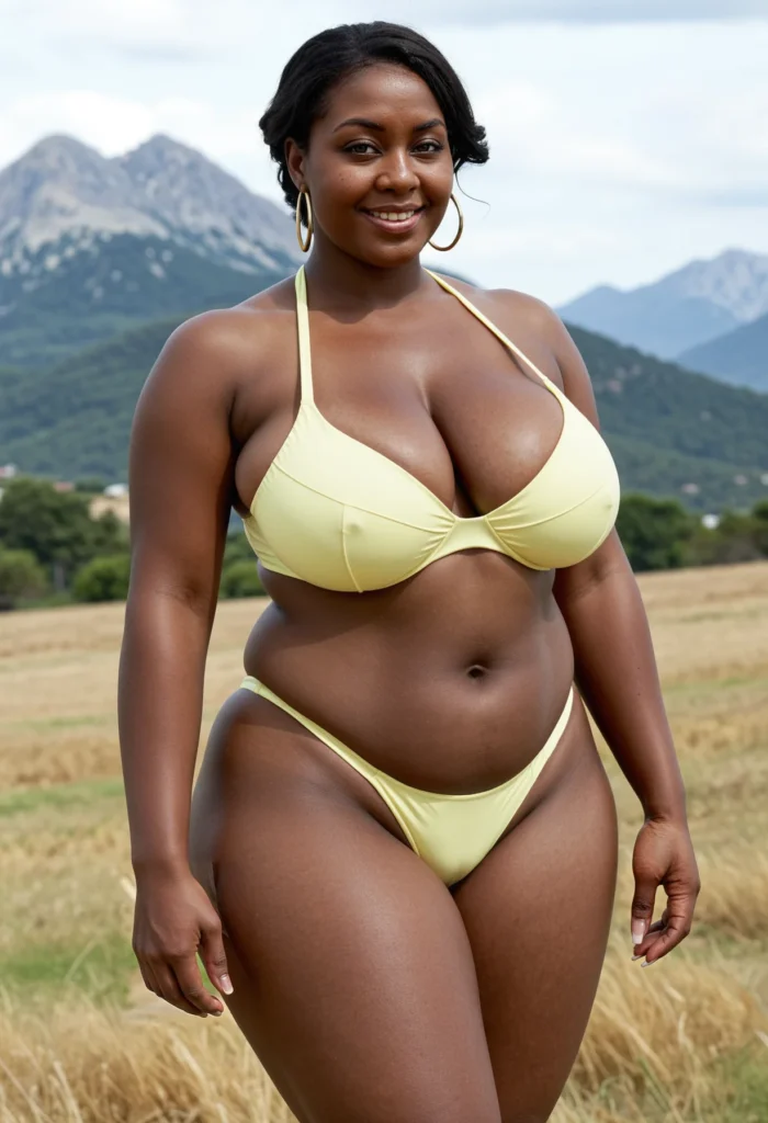 The image shows a woman in a yellow bikini standing in a field surrounded by lush green grass, tall trees, rolling hills, and a bright blue sky.