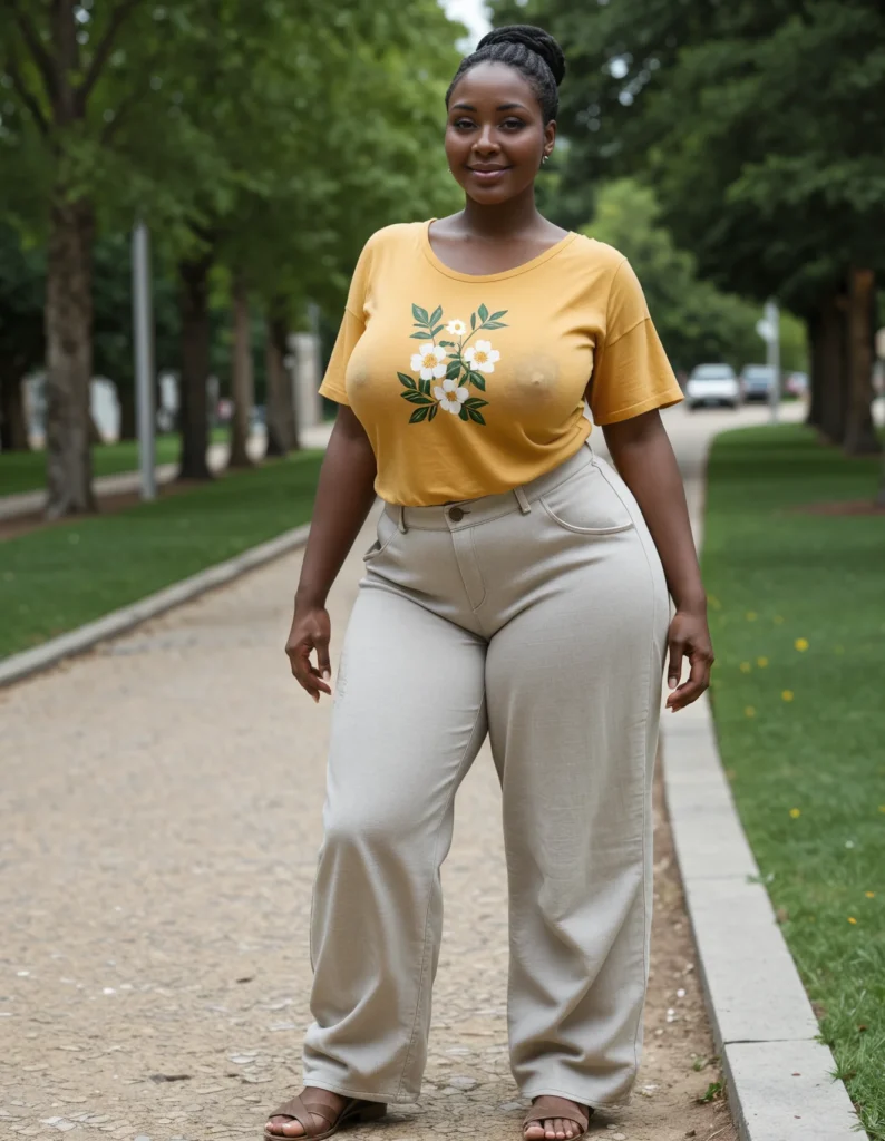 The image shows a woman standing on a sidewalk wearing a yellow t-shirt and beige pants, surrounded by grass, trees, poles, and vehicles on the road, with a clear blue sky in the background.