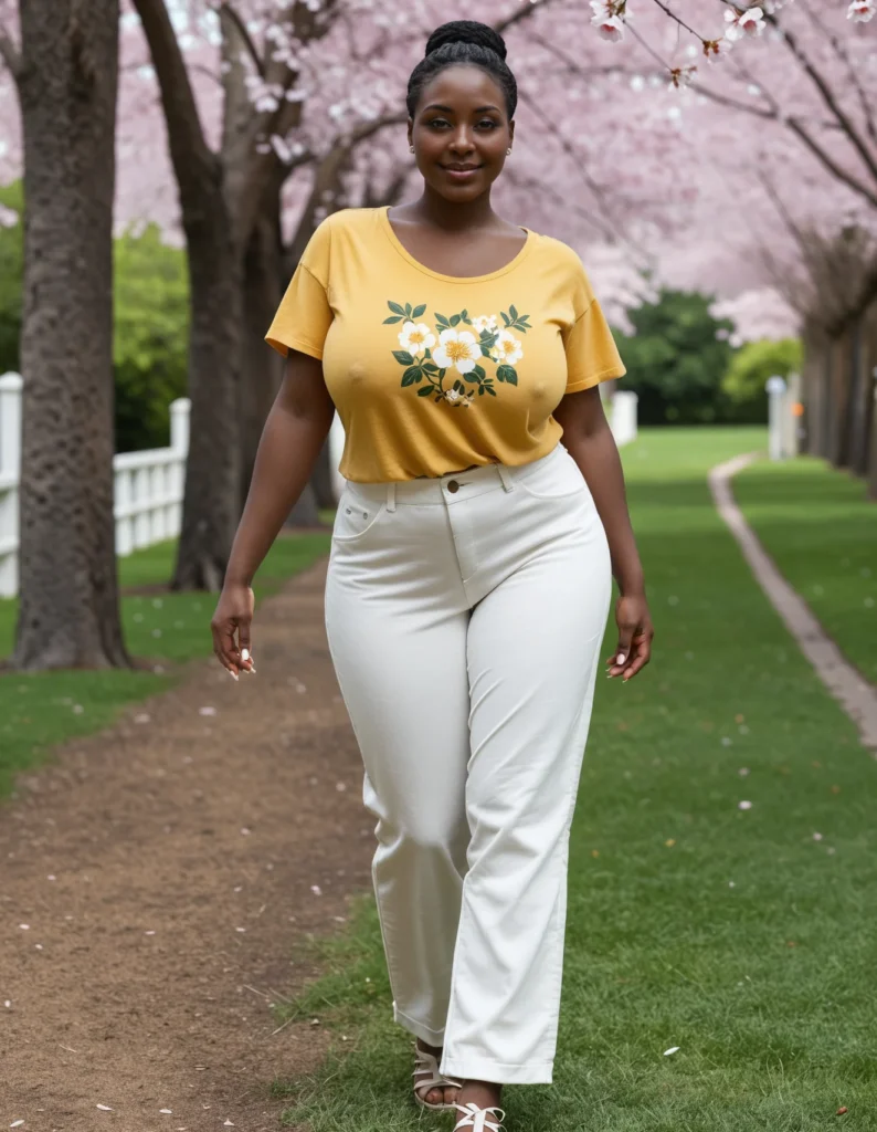 The image shows a woman standing on the ground surrounded by grass, a pathway, a fence, a group of trees with flowers, and a cloudy sky. She is wearing a yellow t-shirt and white pants, and is holding a cigarette in her hand.