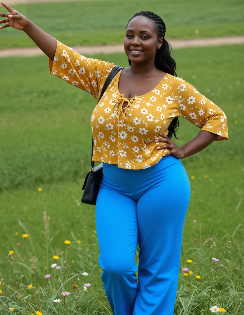 The image shows a woman standing in a field with her arms outstretched, wearing a yellow top and blue pants, carrying a handbag. The background of the image is filled with lush green grass and colorful flowers.