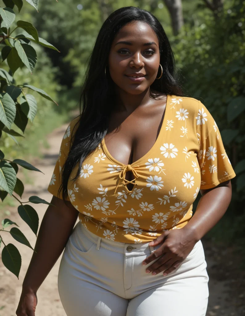 The image shows a woman standing on the ground surrounded by trees, wearing a yellow top and white jeans.