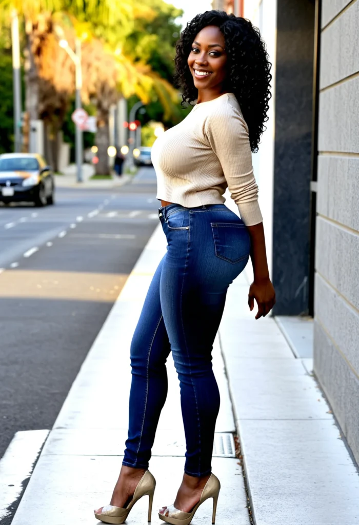 The image shows a woman standing on a sidewalk next to a building, smiling. She is wearing high heels and jeans, and in the background there are vehicles on the road, trees, poles, sign boards, and a clear blue sky.