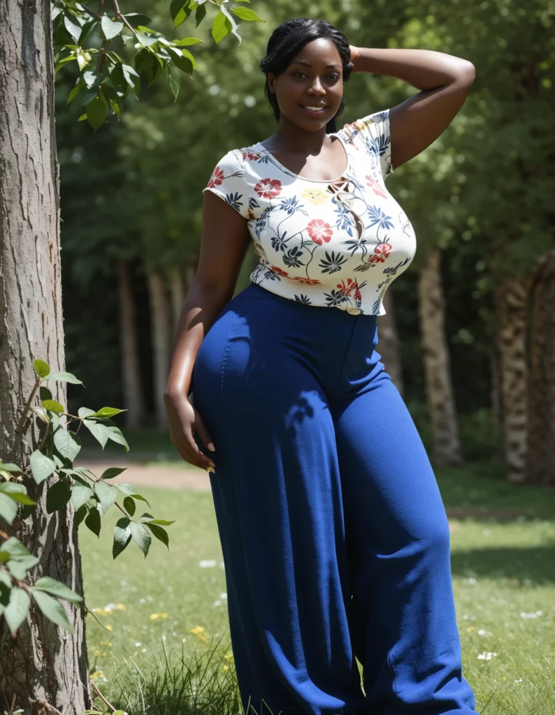 The image shows a woman standing next to a tree in a park, wearing a white top and blue wide-legged pants. The background of the image is filled with lush green grass and tall trees.