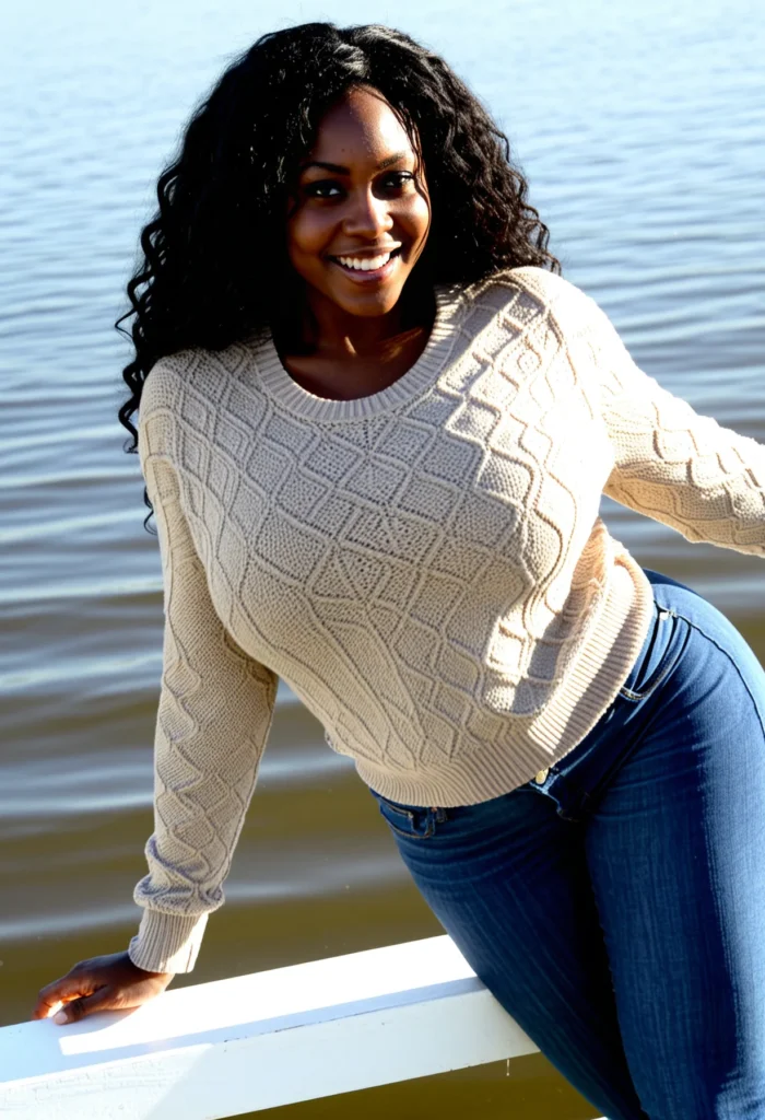 The image shows a woman leaning on a railing by the water, wearing a cream-colored sweater and blue jeans, with a smile on her face.