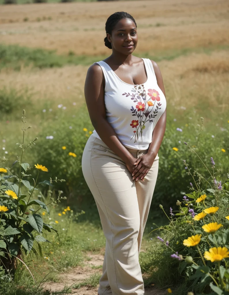 The image shows a woman standing in a field of yellow flowers, wearing a white top and cream-colored pants. The background is slightly blurred, giving the image a dreamy feel.