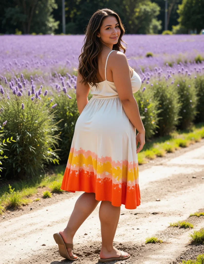 The image shows a woman standing in front of a lavender field, wearing a white and orange ombre dress. The dress has a unique pattern of alternating shades of orange and white, transitioning from a light pink to a deep purple. The woman is surrounded by lush green plants and trees, with a bright blue sky in the background.