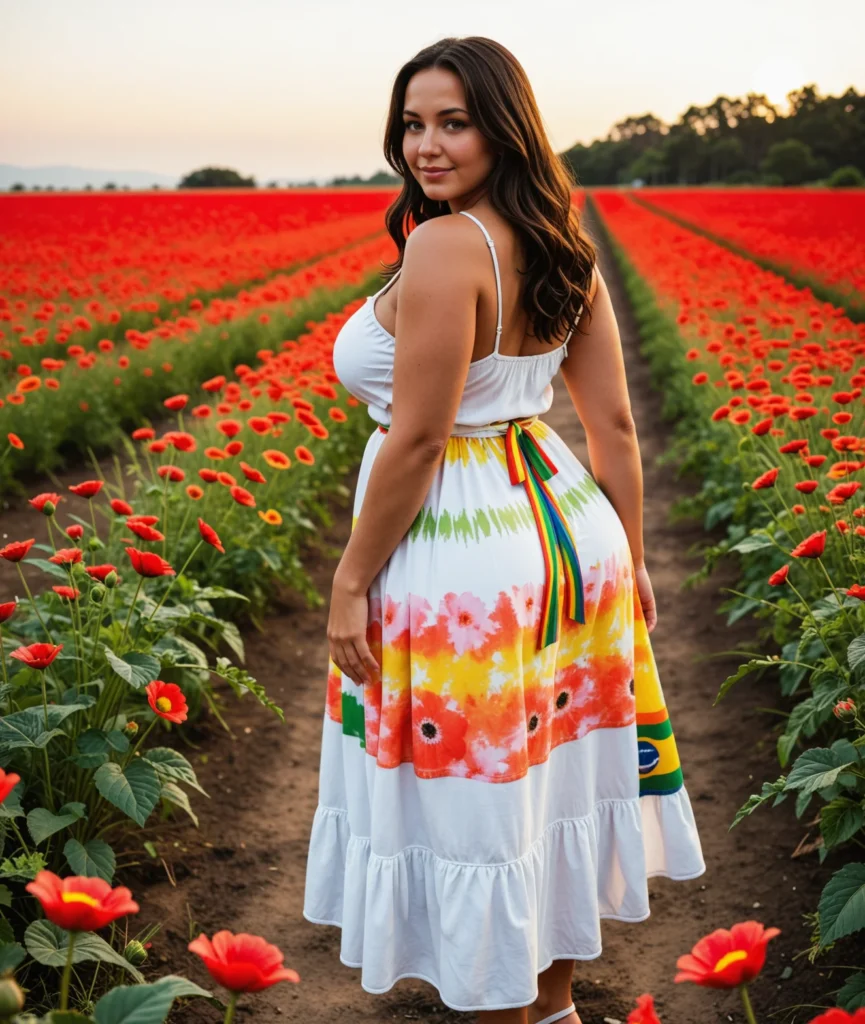 The image shows a woman standing in a field of vibrant red poppies, surrounded by lush green plants and trees, with a bright blue sky in the background.