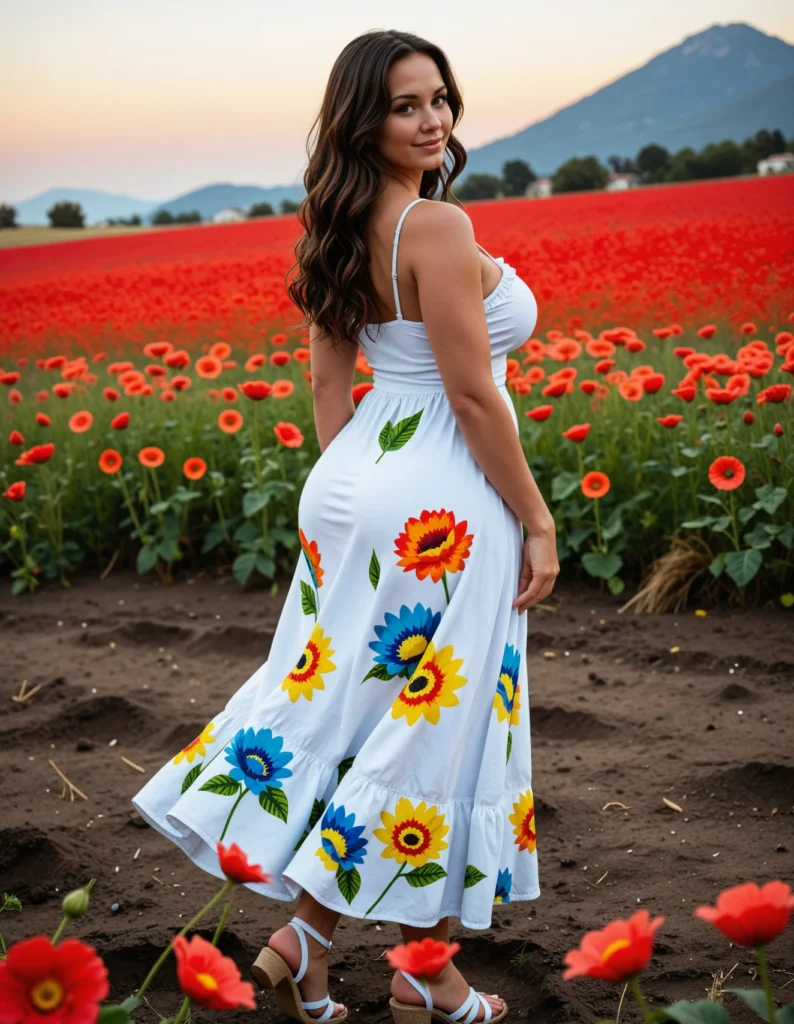 The image shows a woman standing in a field of vibrant red poppies, wearing a white maxi dress adorned with colorful flowers. The backdrop of the image is filled with lush green trees, rolling hills, and a bright blue sky.