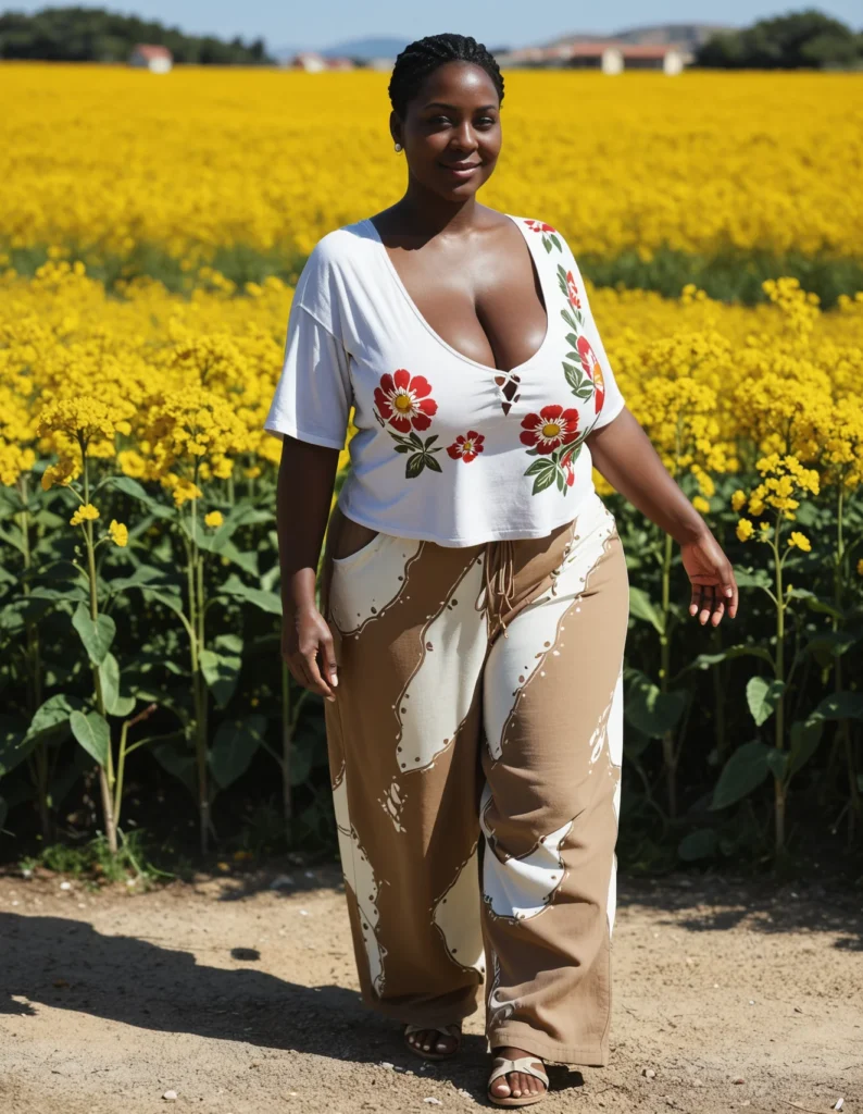 The image shows a woman standing in a field of yellow flowers, wearing a white top and brown pants, with sandals on her feet. In the background, there are plants, trees, houses, and a clear blue sky.