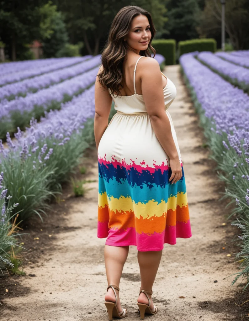 The image shows a woman standing in a lavender field, wearing a rainbow-colored plus size dress. The background of the image is filled with lush plants and trees, creating a peaceful atmosphere.