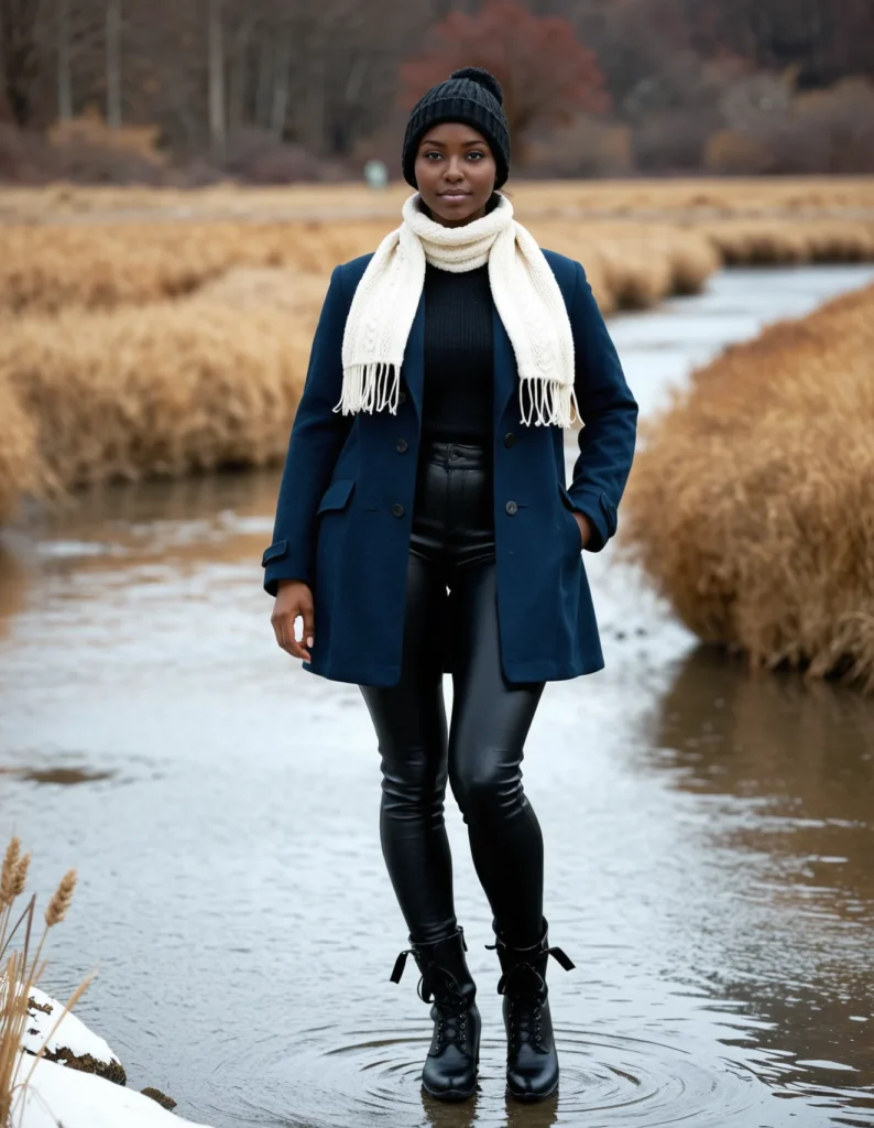 The image shows a woman standing in a puddle of water wearing a navy blue coat, black leather pants, a white scarf, a black cap, and black boots. The background of the image is filled with dry grass, trees, and a clear sky.