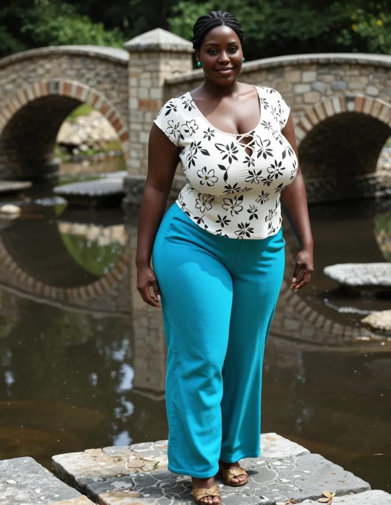 The image shows a woman standing on a stone bridge in front of a pond, surrounded by trees. She is wearing a white and blue top and blue pants, and is smiling. The pond is surrounded by stones and the sky is visible in the background.