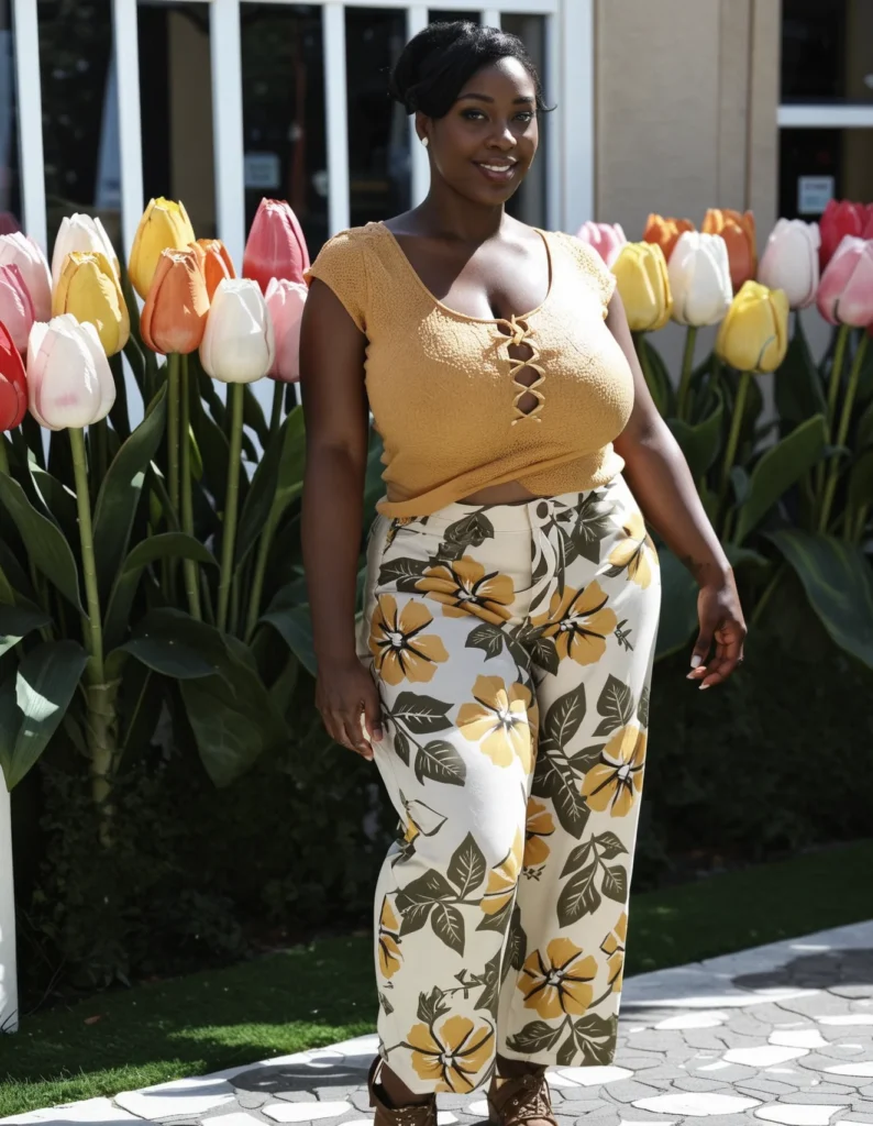 The image shows a woman standing in front of a building with a smile on her face, surrounded by lush green grass and a variety of colorful tulips. She is wearing a pair of high heels, adding a touch of elegance to her look.