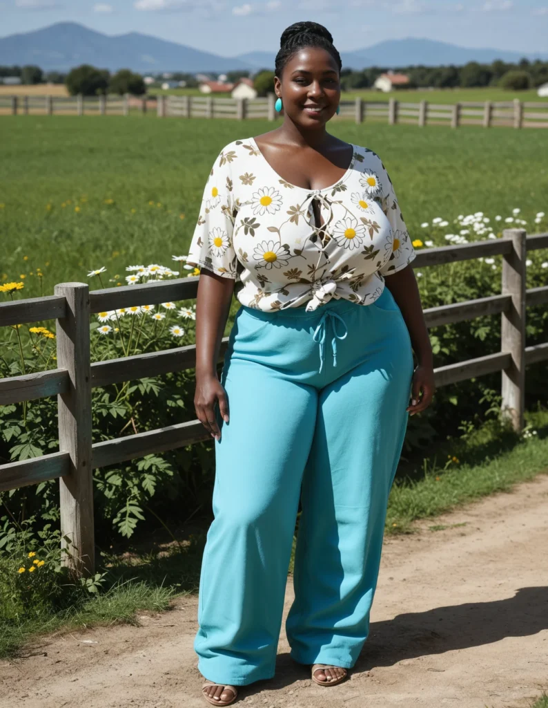 The image shows a woman standing in front of a wooden fence, surrounded by plants with flowers, grass, a group of trees, some houses, the hills and a cloudy sky. She is wearing a pair of turquoise pants and sandals.