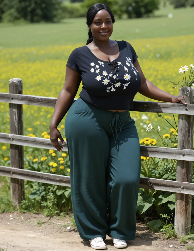 The image shows a woman standing in front of a wooden fence, wearing a black top and green pants, with a smile on her face. In the background, there are plants with flowers, grass, trees, and a clear blue sky.