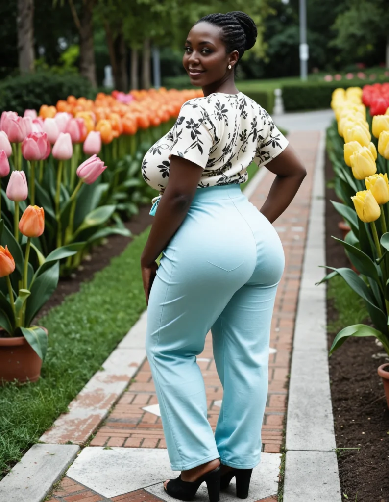 The image shows a woman standing in front of a field of colorful tulips, wearing a white and black top and blue pants, with a smile on her face. The background of the image is filled with lush green grass, plants, and trees, creating a peaceful atmosphere.