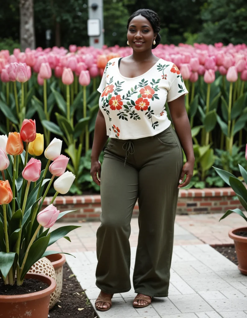 The image shows a woman standing in front of a field of pink tulips, wearing a white top and green pants. She is surrounded by lush greenery, with trees and a pole in the background.