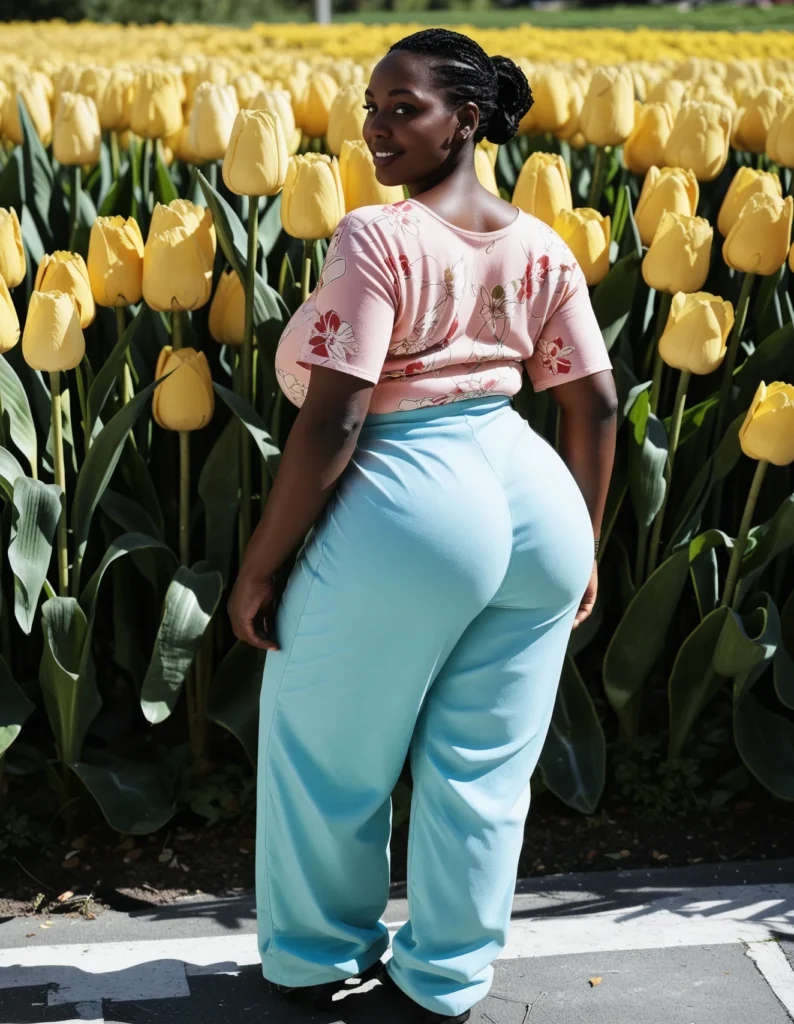 The image shows a woman standing in front of a field of yellow tulips, wearing a pink top and blue plus size pants. The background of the image is filled with trees and a clear blue sky.
