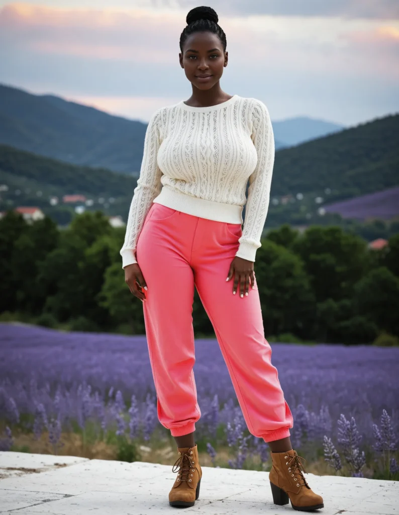 The image shows a woman standing in front of a lavender field, wearing a white sweater and pink pants. The background of the image is filled with lush green trees, rolling hills, and a bright blue sky dotted with white clouds.