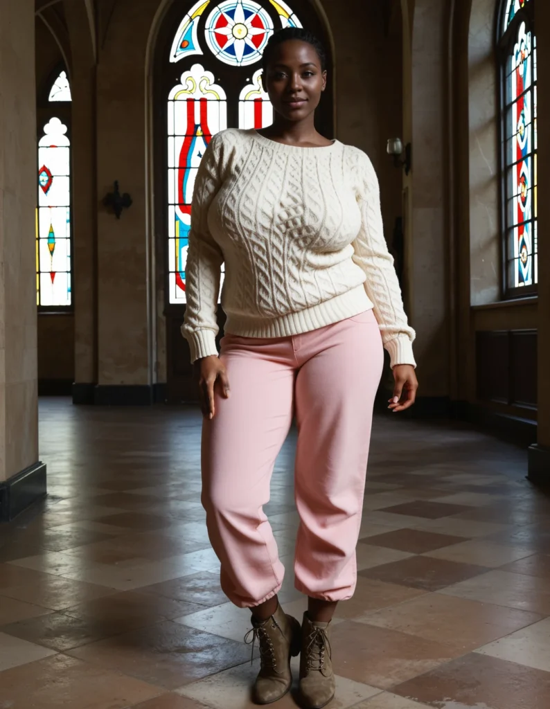 The image shows a woman standing in front of a stained glass window, wearing a white sweater and pink pants. She is standing on the floor, surrounded by pillars and a wall.