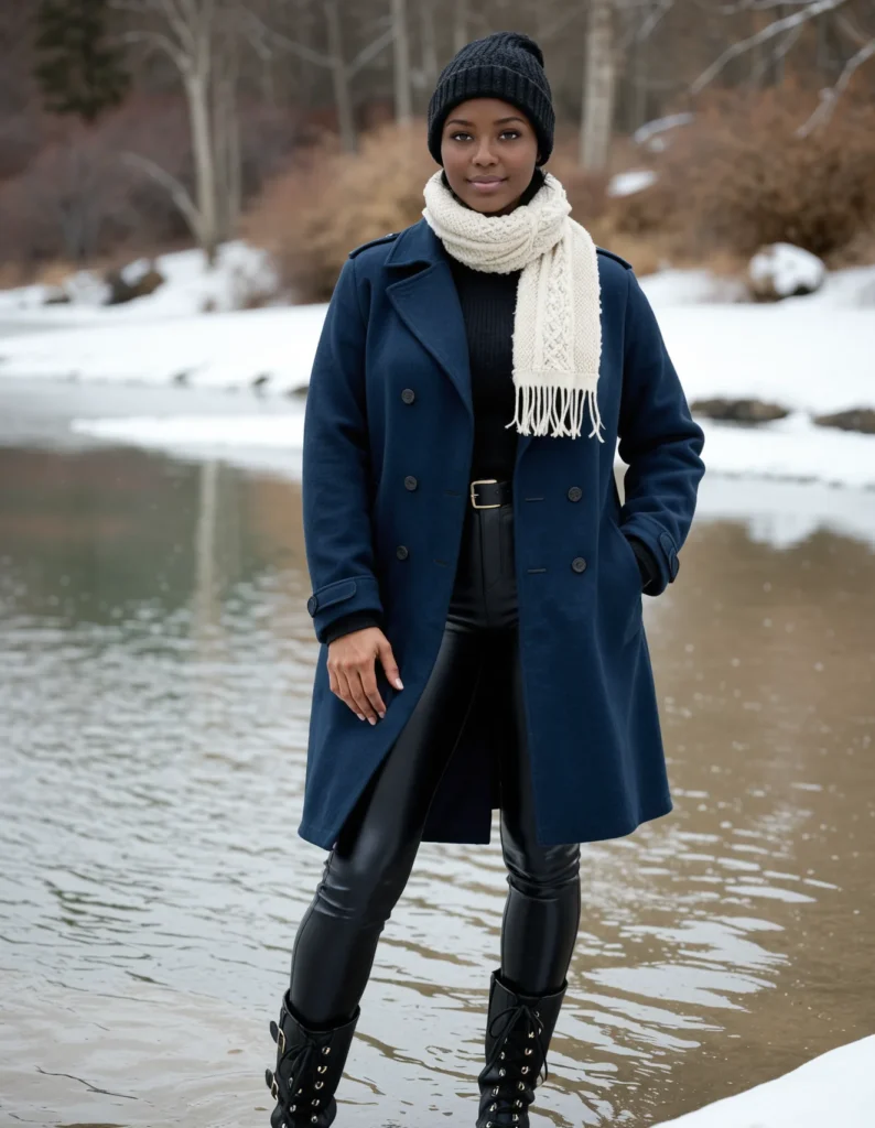 The image shows a woman standing in the water wearing a blue coat and black leather pants, with a scarf around her neck and a cap on her head. The background of the image is filled with trees and snow, creating a wintery atmosphere.
