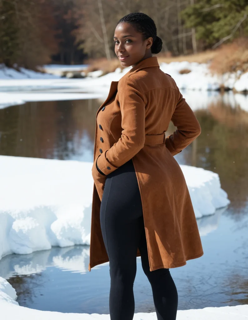 The image shows a woman standing in the snow next to a body of water, wearing a camel-colored coat and black leggings. The background of the image is filled with trees, creating a peaceful winter scene.