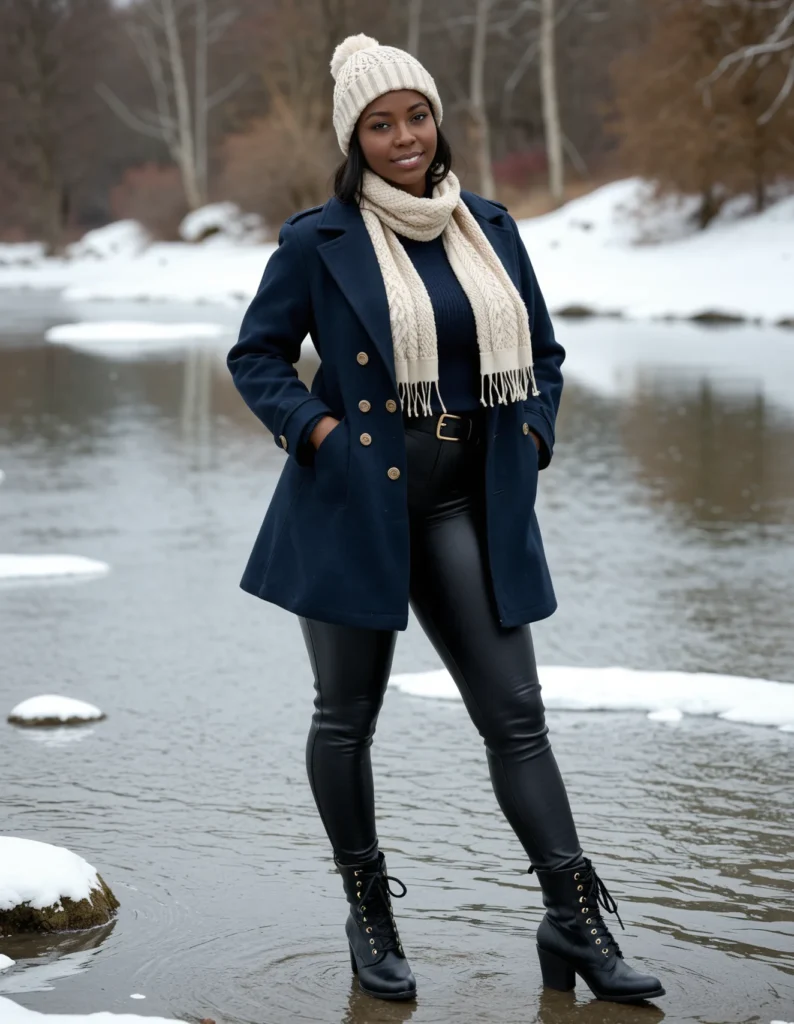 The image shows a woman standing in the water wearing a navy peacoat, black leather pants, a white hat, and a scarf. The background of the image is filled with trees and snow, creating a wintery atmosphere.