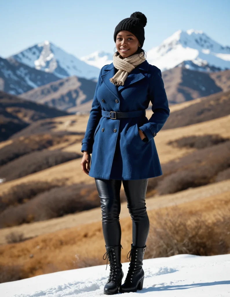 The image shows a woman standing in the snow wearing a blue coat, black boots, and a hat. The background of the image is filled with mountains and a clear blue sky.