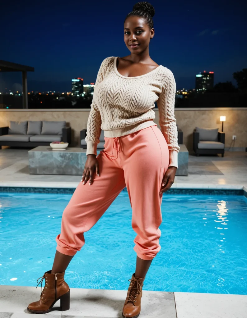 The image shows a woman standing in front of a swimming pool, wearing a cream-colored sweater and peach-colored jogger pants. The pool is surrounded by a sofa set, a table, a lamp, and buildings in the background, with a clear blue sky above.